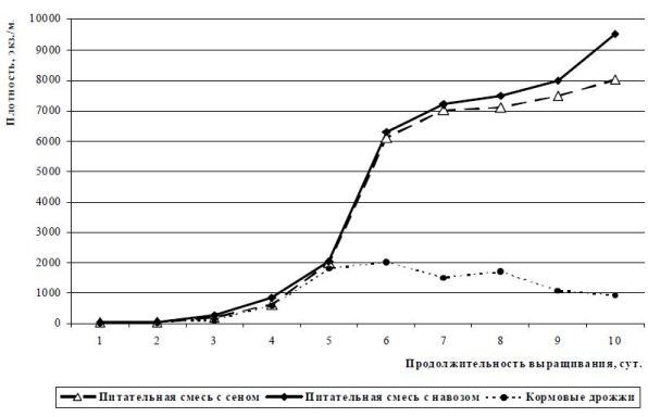 Изменение плотности инфузории E. charon в зависимости от состава вносимого корма, объем культуральной среды – 2000 л