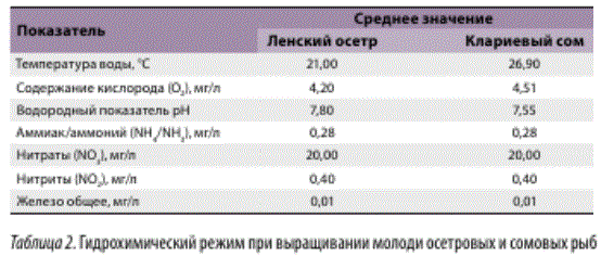 Таблица2. Гидрохимический режим при выращивании молоди осетровых и сомовых рыб