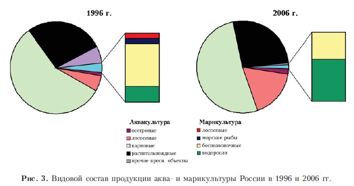 Видовой состав продукции аква- и марикультуры России в 1996 и 2006 гг.
