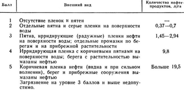 Внешний вид нефтяной пленки на поверхности водоема и приблизительное количество нефтепродуктов