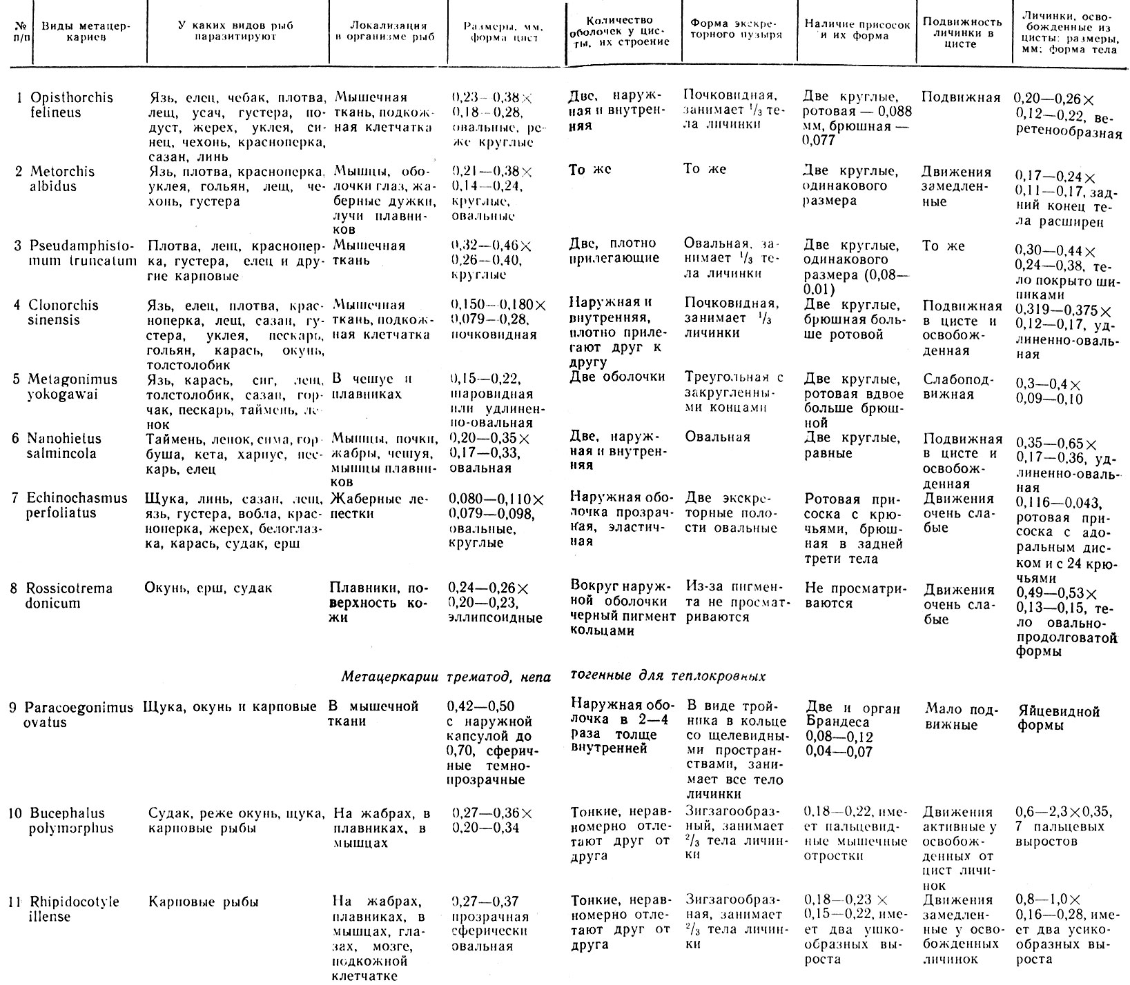 Диагностические признаки личинок трематод (метациркариев) рыб, опасных для человека и плотоядных животных